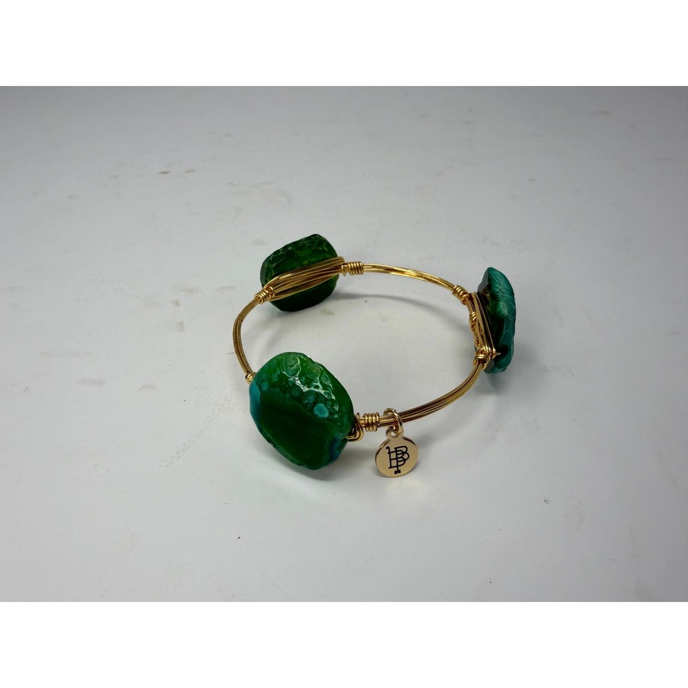 Bourbon & Boweties Green Agate Gold Wire Wrapped Bangle Bracelet Stone Trio - Picture 1 of 6